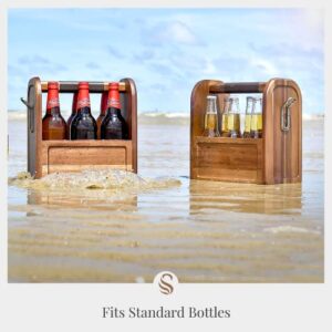 Shanik 6-Bottle Beer Caddy with Bottle Opener, Handle, and Removable Divider for Liquor, Sparkling Water, and Seltzers, Great for Parties, Pool and Beach, Boat Fishing, Natural Acacia Wood