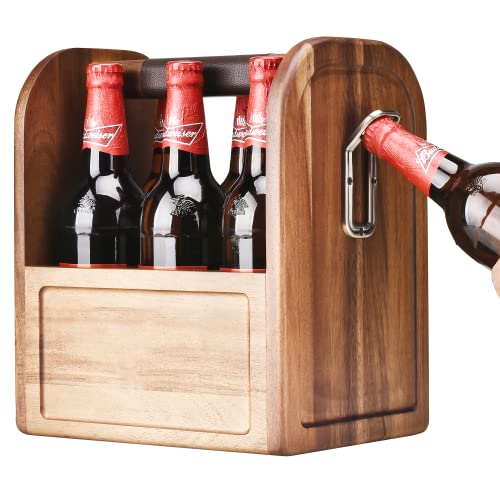 Shanik 6-Bottle Beer Caddy with Bottle Opener, Handle, and Removable Divider for Liquor, Sparkling Water, and Seltzers, Great for Parties, Pool and Beach, Boat Fishing, Natural Acacia Wood