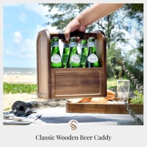 Shanik 6-Bottle Beer Caddy with Bottle Opener, Handle, and Removable Divider for Liquor, Sparkling Water, and Seltzers, Great for Parties, Pool and Beach, Boat Fishing, Natural Acacia Wood