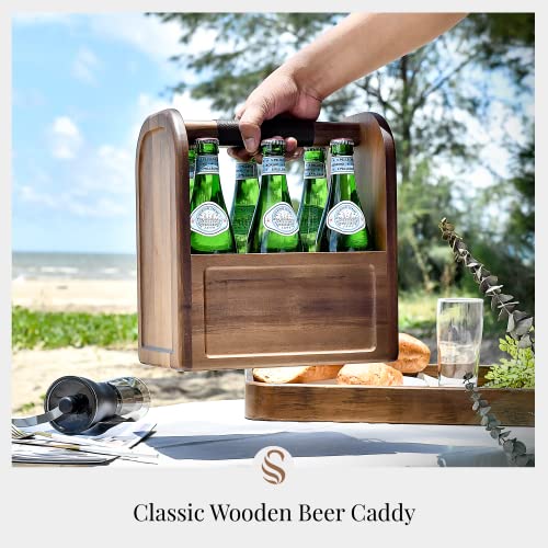 Shanik 6-Bottle Beer Caddy with Bottle Opener, Handle, and Removable Divider for Liquor, Sparkling Water, and Seltzers, Great for Parties, Pool and Beach, Boat Fishing, Natural Acacia Wood