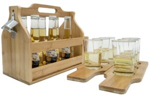 sorbus wooden bottle caddy with opener & sampler boards, drink holder for beer, soda, perfect for bar, pub, restaurant, brew fest party, and more, bamboo