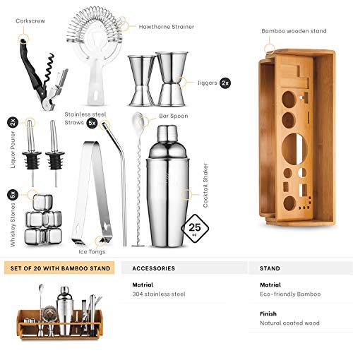 Mitbak Bartender Kit | 20-Piece Bar Accessories Set | Look Like A Pro With 25 OZ Cocktail Shaker Bottle, Strainer, Jigger, Steel Straws, Whiskey Stones & More | Excellent Gift