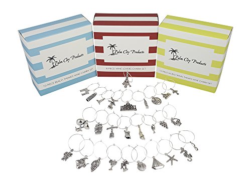 Palm City Products Deluxe Wine Charm Set – 28 Pieces Total includes Beach, Wine Lover, and World Traveler Themes