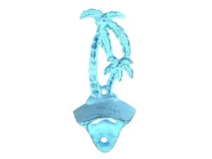 handcrafted nautical decor rustic dark blue whitewashed cast iron wall mounted palmtree bottle opener 6" -