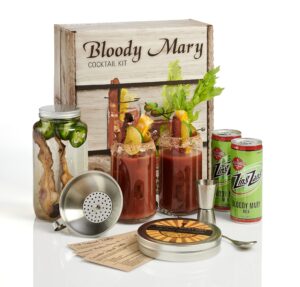 bloody mary cocktail kit: 16 oz beer can drinking glass set | zing zang bloody mary mix | rokz salt tin | infusion jar | bar spoon | jigger | garnish picks | recipe cards