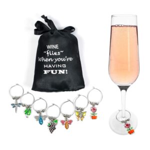 cork & leaf flowers & insects wine glass markers - set of 7, wine charms, wine accessories and gifts, drink markers, wine glass charms, includes a black sateen storage bag