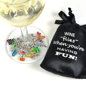 Cork & Leaf Flowers & Insects Wine Glass Markers - Set of 7, Wine Charms, Wine Accessories and Gifts, Drink Markers, Wine Glass Charms, Includes a Black Sateen Storage Bag