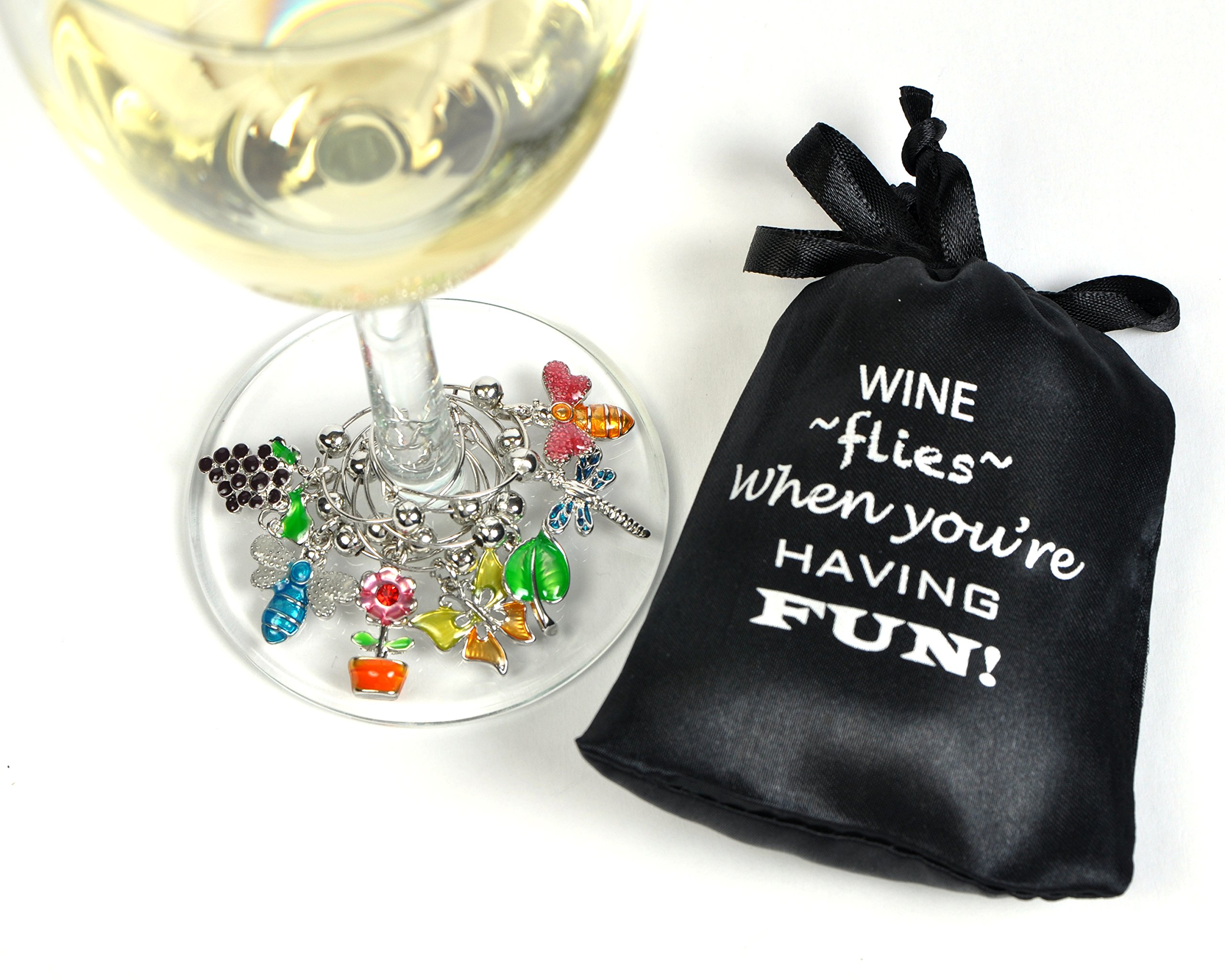 Cork & Leaf Flowers & Insects Wine Glass Markers - Set of 7, Wine Charms, Wine Accessories and Gifts, Drink Markers, Wine Glass Charms, Includes a Black Sateen Storage Bag