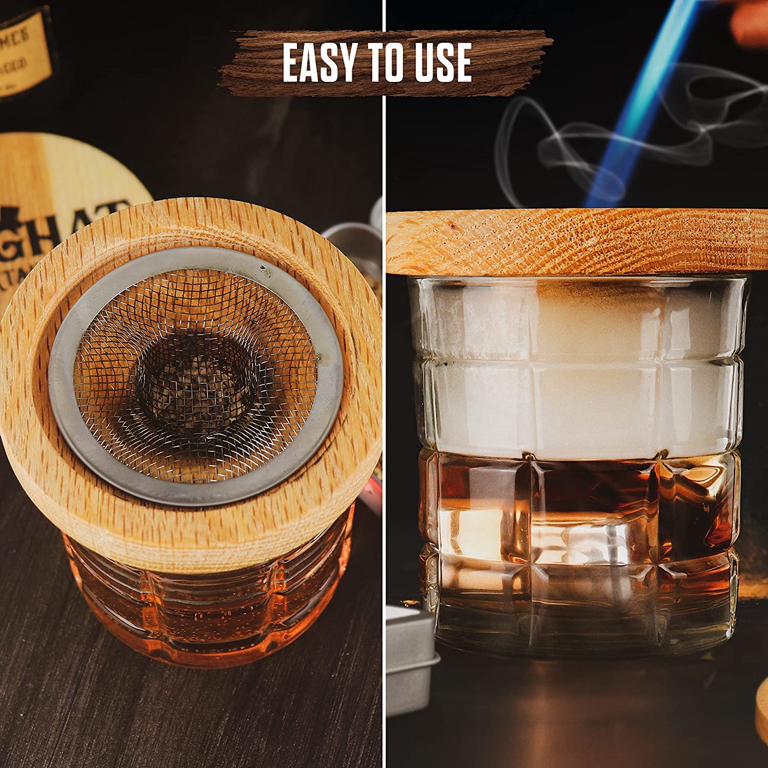 The Foghat Cocktail Smoker and Old Fashioned Smoked Cocktail Kit with Torch (no Butane) w/Bourbon Barrel Oak Wood Chips (4oz) and Singlez Bar Old Fasioned Mix Packets - Whiskey Smoker Kit For Drinks