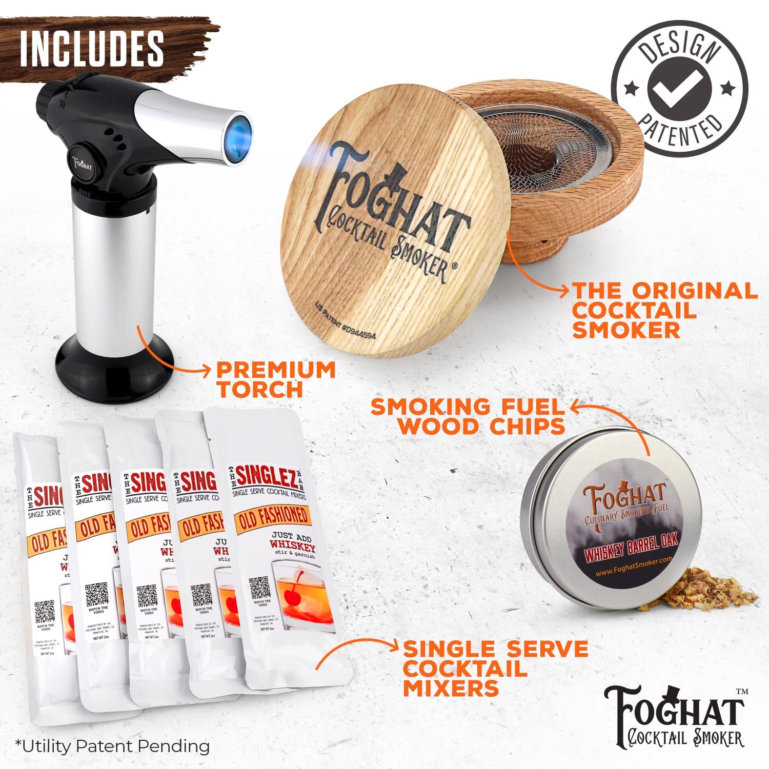 The Foghat Cocktail Smoker and Old Fashioned Smoked Cocktail Kit with Torch (no Butane) w/Bourbon Barrel Oak Wood Chips (4oz) and Singlez Bar Old Fasioned Mix Packets - Whiskey Smoker Kit For Drinks