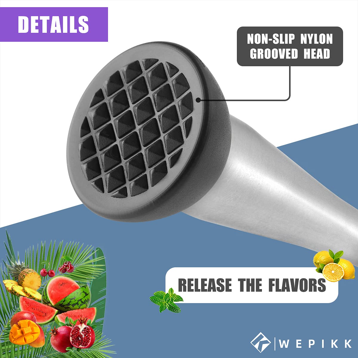 Wepikk Cocktail Muddler Stainless Steel 8.7 Inch Fruit Ice Crusher Bar Tools Bartender Set 1 Pcs for Mojito Mint and Other Fruit Based Drinks