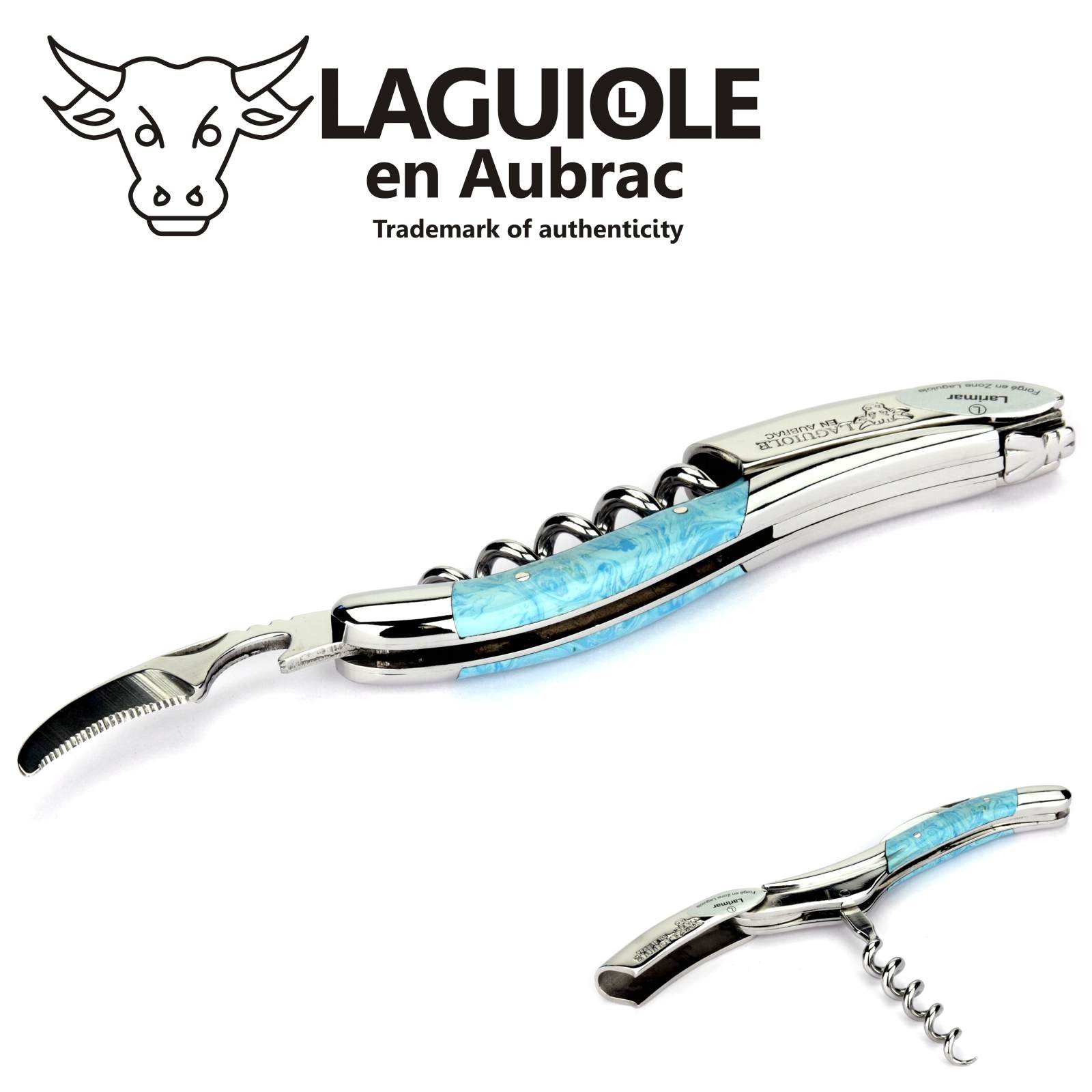 Laguiole en Aubrac corkscrew sommelier waiters knife 3 functions SOM99PWI larimar handle, stainless steel shiny