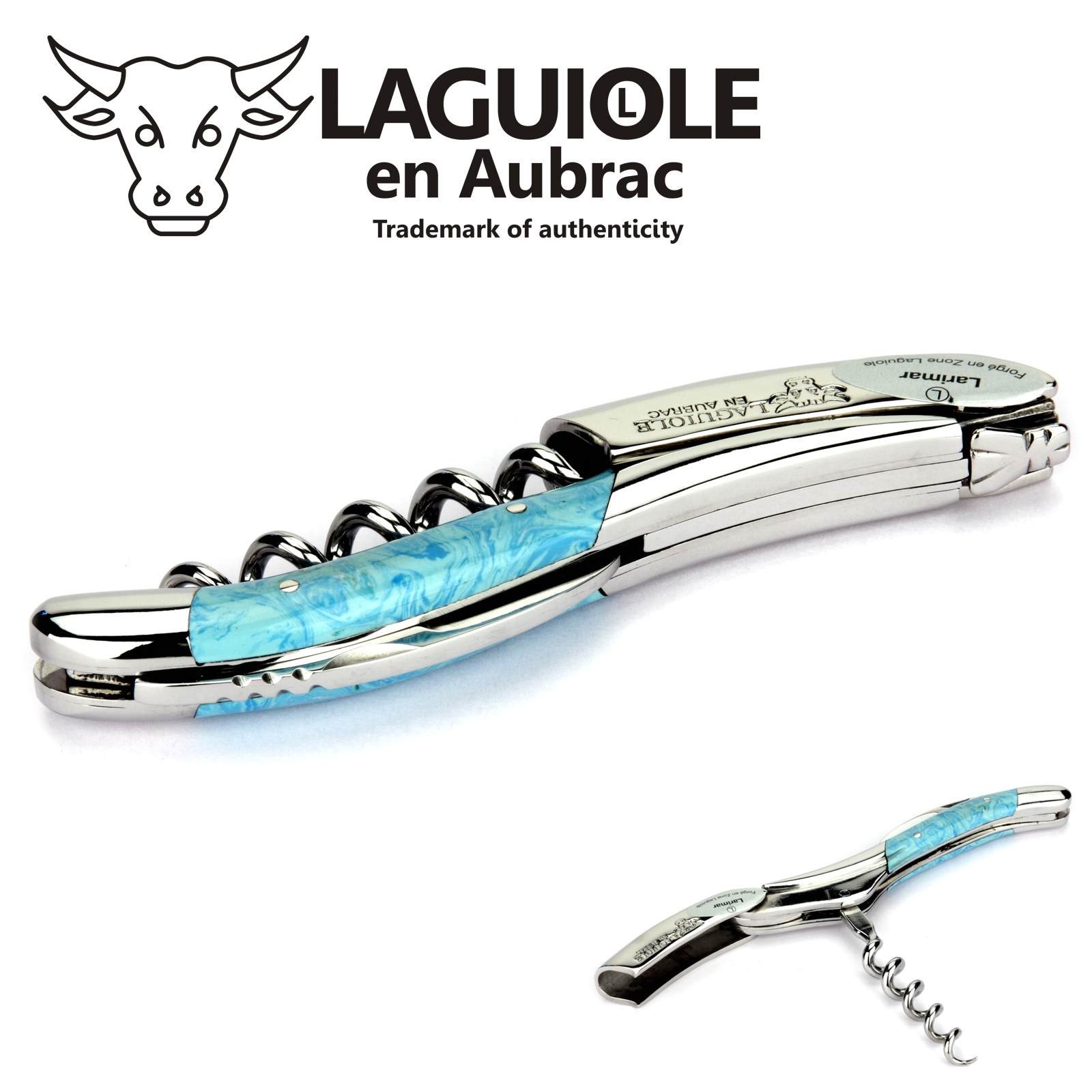 Laguiole en Aubrac corkscrew sommelier waiters knife 3 functions SOM99PWI larimar handle, stainless steel shiny