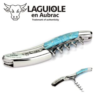 Laguiole en Aubrac corkscrew sommelier waiters knife 3 functions SOM99PWI larimar handle, stainless steel shiny