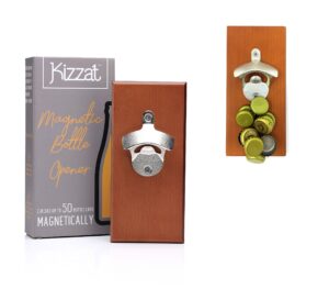 wall mounted magnetic bottle opener and cap catcher with hanging kit, made with premium beech wood and upgraded stronger magnets for home bar kitchen or man cave