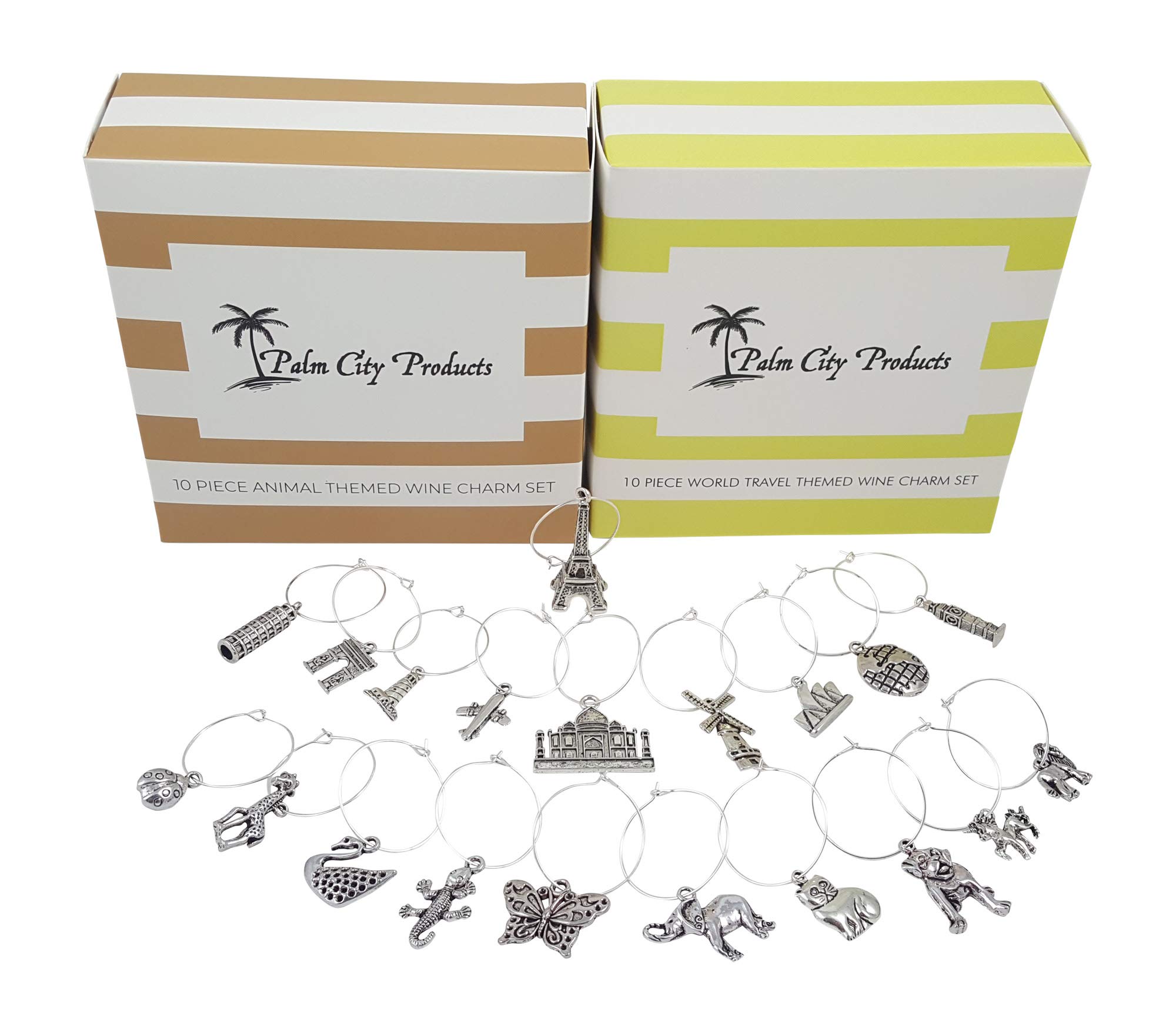 Palm City Products Travel & Animal Themed Wine Charm Gift Set with 20 Beautiful Wine Charms