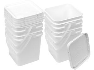 ukphail square bucket kit, four 4-gallon buckets and four white snap-on lids with gaskets