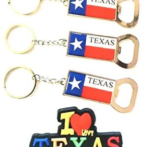 Texas Flag Souvenir Bottle Opener Keychain Set of 3 With Bonus I Love Texas Colorful Fridge Magnet