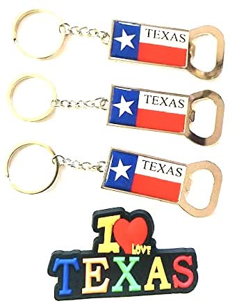 Texas Flag Souvenir Bottle Opener Keychain Set of 3 With Bonus I Love Texas Colorful Fridge Magnet