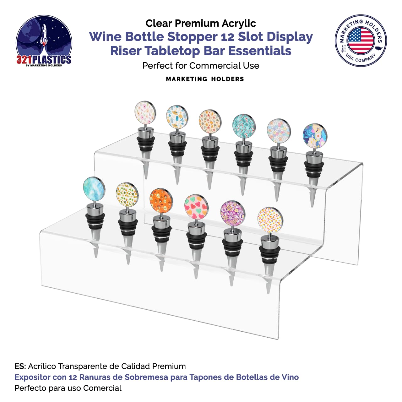 Marketing Holders Wine Bottle Topper Liquor Pourer Display Stand 12 Slot Rack .75 Inch Wide Holes Clear Acrylic 2 Tier Riser 11.75 Inch Wide by 4.75 Inch Deep Retail Countertop Showcase