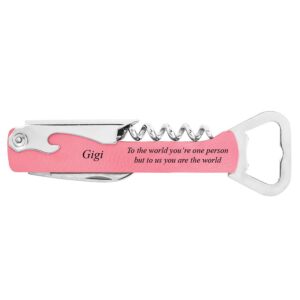 gigi to the world you're one person but to us you are the world - stainless steel faux leather leatherette multi-tool corkscrew wine bottle beer opener with foil cutter