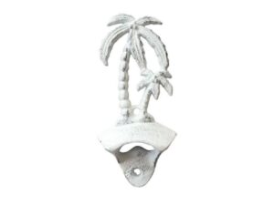 handcrafted nautical decor rustic whitewashed cast iron wall mounted palmtree bottle opener 6" - antique b