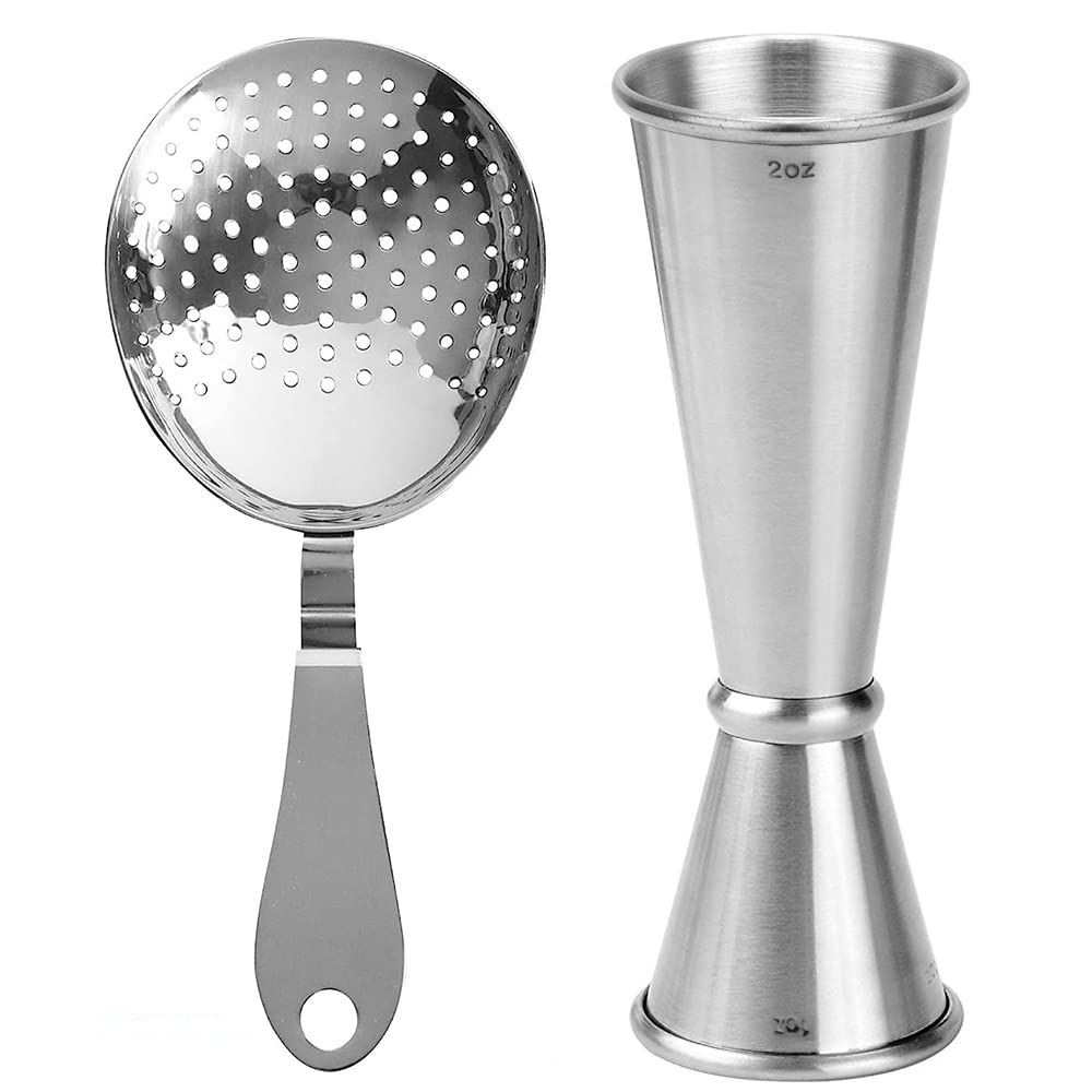 Cocktail Julep Strainer Jigger Set - Stainless Steel Bar Tools for Bartending