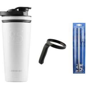 Ice Shaker Bundle Pack 26 Oz Shaker Bottle, White + Slip-On Handle + Reusable Straw Pack
