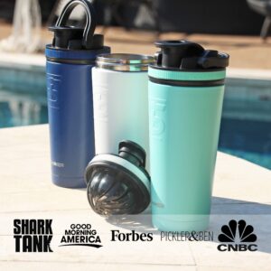 Ice Shaker Bundle Pack 26 Oz Shaker Bottle, White + Slip-On Handle + Reusable Straw Pack