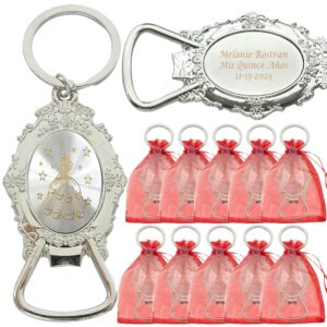 personalized quinceañera bottle opener keychain favor (12 pcs) - engraved metal key ring/ sweet 15 mis quince 18 birthday sweet sixteen customized gift