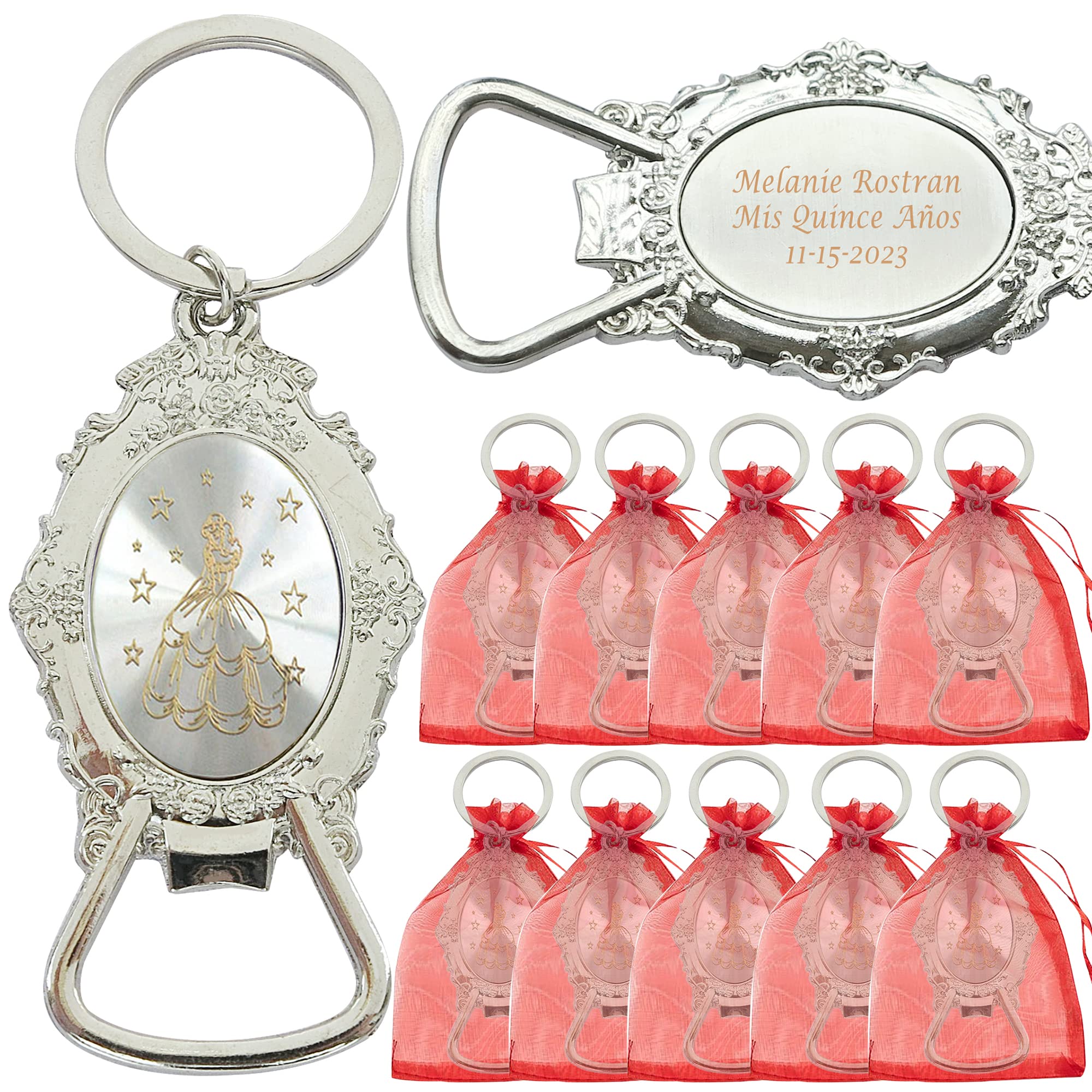 Personalized Quinceañera Bottle Opener Keychain Favor (12 PCS) - Engraved Metal Key Ring/ Sweet 15 Mis Quince 18 Birthday Sweet Sixteen Customized Gift