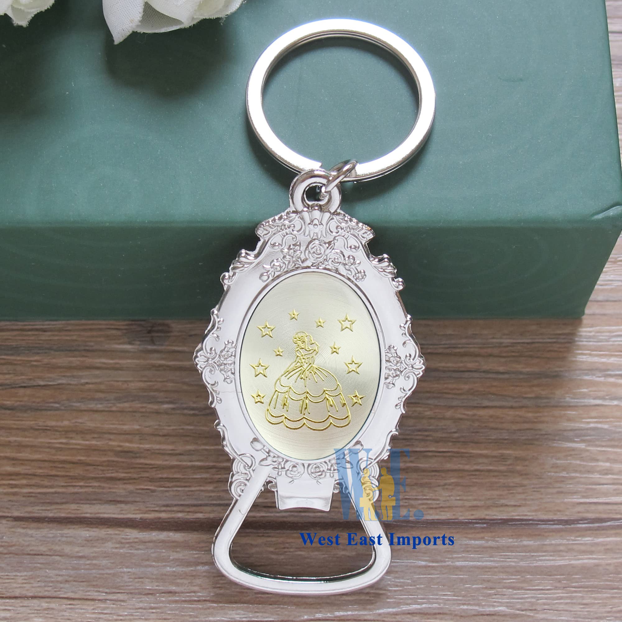 Personalized Quinceañera Bottle Opener Keychain Favor (12 PCS) - Engraved Metal Key Ring/ Sweet 15 Mis Quince 18 Birthday Sweet Sixteen Customized Gift