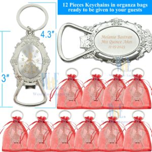 Personalized Quinceañera Bottle Opener Keychain Favor (12 PCS) - Engraved Metal Key Ring/ Sweet 15 Mis Quince 18 Birthday Sweet Sixteen Customized Gift