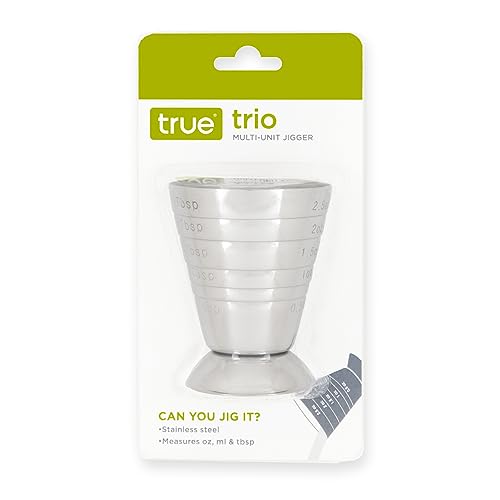 True Trio Multi-Unit Drink Measure, Shot Measuring Cup with Oz, Ml, and Tbsp Markings, Stainless Steel 2.5oz Set of 1