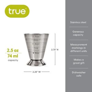 True Trio Multi-Unit Drink Measure, Shot Measuring Cup with Oz, Ml, and Tbsp Markings, Stainless Steel 2.5oz Set of 1