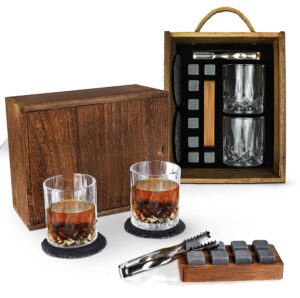 whiskey chilling stones 2 bourbon glasses & ice tong - premium gift box for men barware supplies set - reusable sipping scotch granite rock gifts for boyfriend husband father