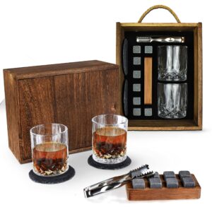 Whiskey Chilling Stones 2 Bourbon Glasses & Ice Tong - Premium Gift Box for Men Barware Supplies Set - Reusable Sipping Scotch Granite Rock Gifts for Boyfriend Husband Father