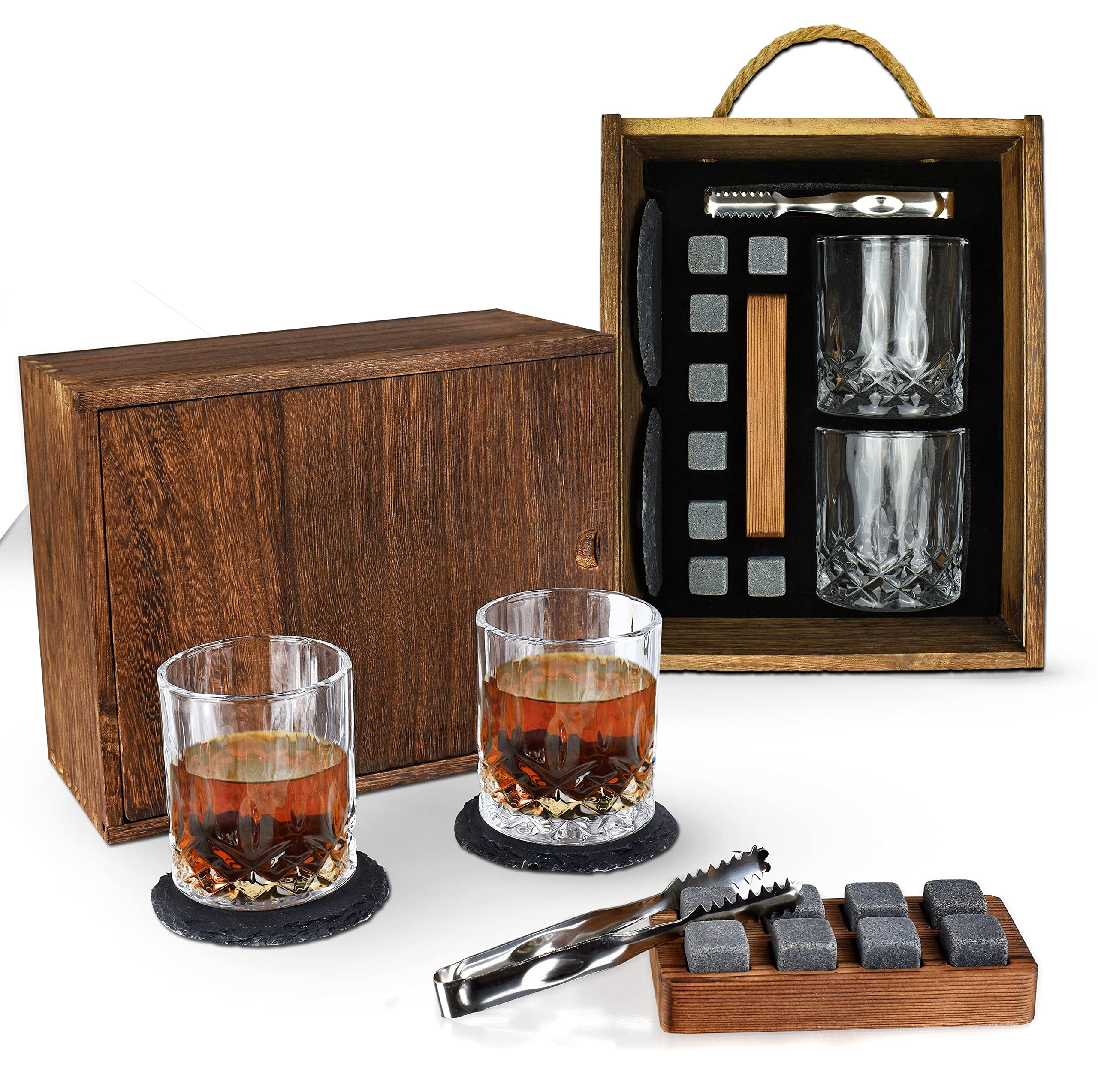 Whiskey Chilling Stones 2 Bourbon Glasses & Ice Tong - Premium Gift Box for Men Barware Supplies Set - Reusable Sipping Scotch Granite Rock Gifts for Boyfriend Husband Father