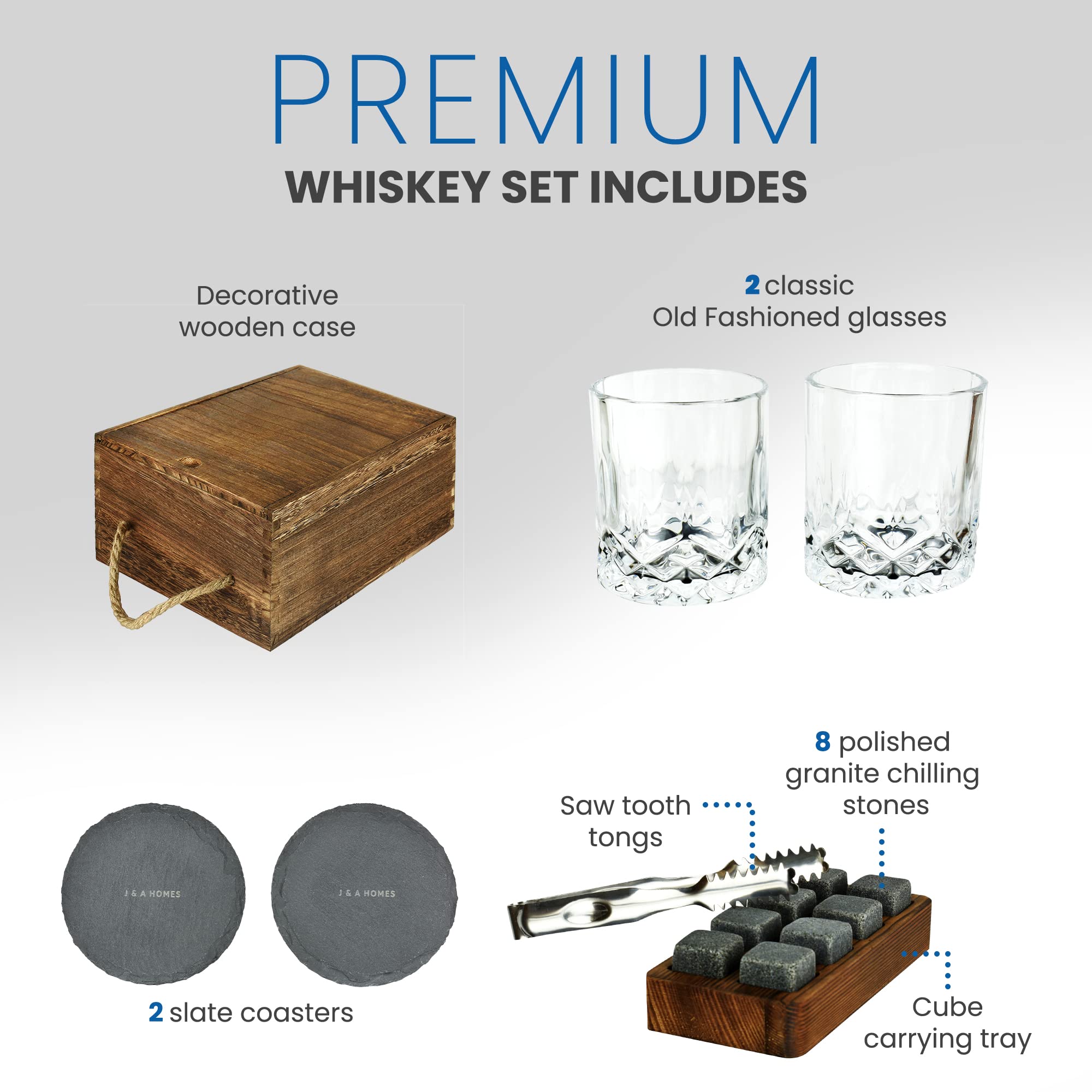 Whiskey Chilling Stones 2 Bourbon Glasses & Ice Tong - Premium Gift Box for Men Barware Supplies Set - Reusable Sipping Scotch Granite Rock Gifts for Boyfriend Husband Father