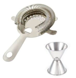 mnixy str-4-pro 4 prong strainer with tight coil and double sided jigger cocktail, stainless steel, silver
