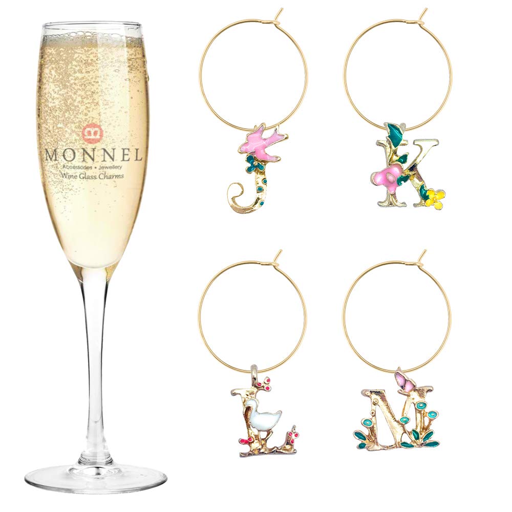 P463 Tiny Initial Letter J K L M Wine Charms Glass Marker for Party with Velvet Bag- Set of 4