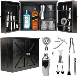 excello global products barndoor bartender cabinet with 10 piece bar tool set: the perfect kit for home bartenders (black)