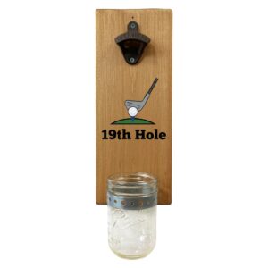 19th hole bottle opener - wall mounted rustic wood board with removable cap catcher and cast iron opener - golf gift and home decor