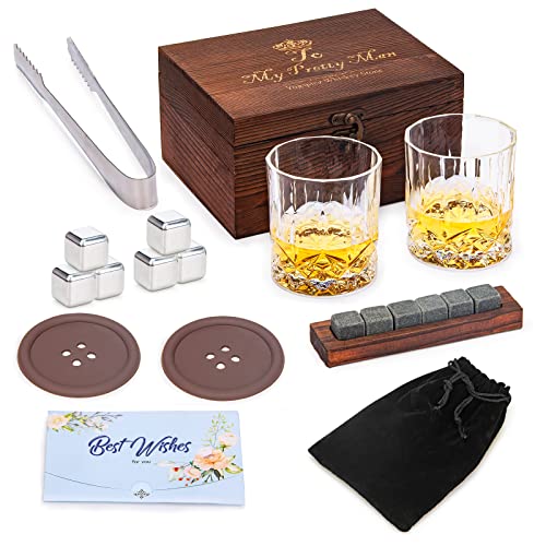 Bourbon Glasses and Stainless Steel Ice Stones Gift Set - Ideal for Whiskey, Scotch, and Cocktails. Perfect for Anniversaries, Retirement, or Gifting to Dad/Husband/Boyfriend.