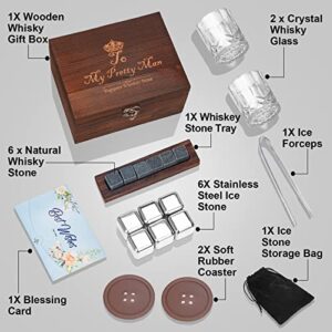 Bourbon Glasses and Stainless Steel Ice Stones Gift Set - Ideal for Whiskey, Scotch, and Cocktails. Perfect for Anniversaries, Retirement, or Gifting to Dad/Husband/Boyfriend.