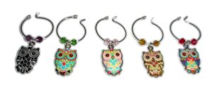 wine charms ~ multi color owl wine charms set of 5 style 1