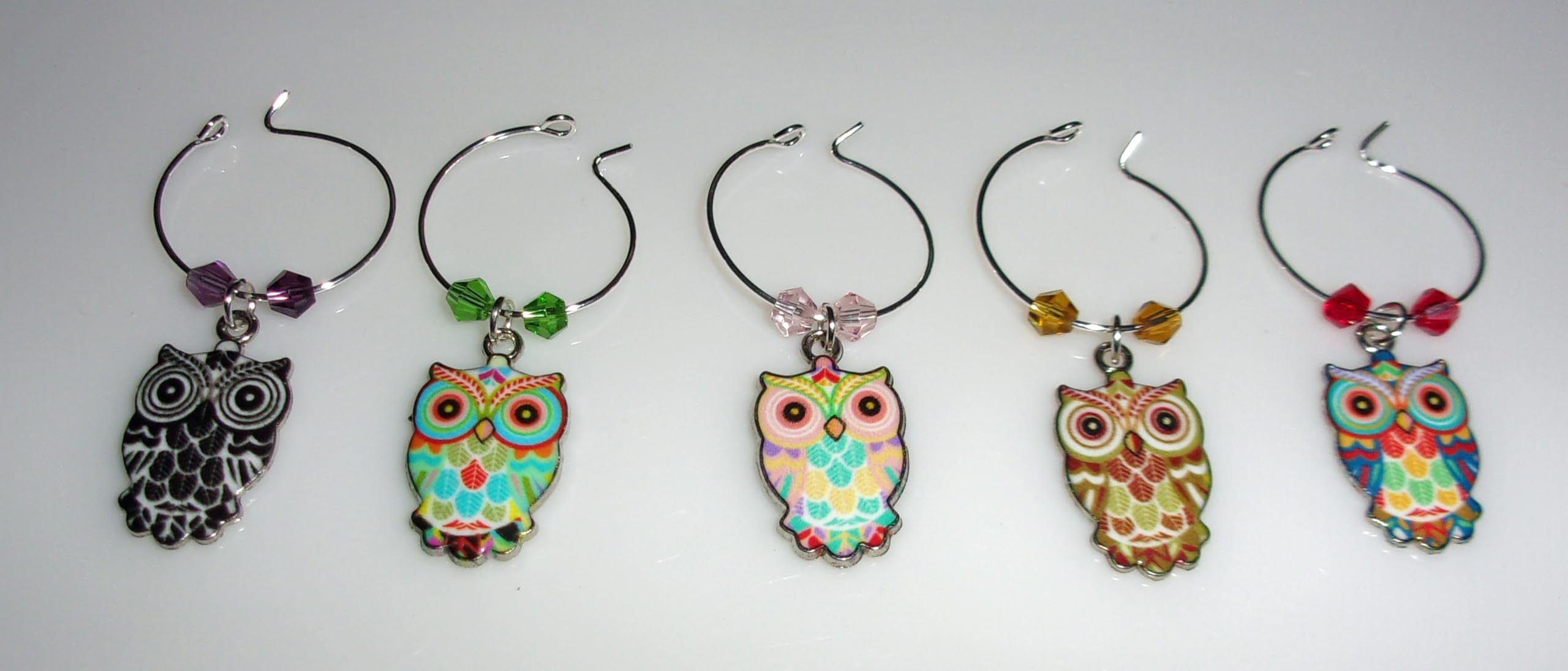 Wine Charms ~ Multi Color Owl Wine Charms Set of 5 Style 1