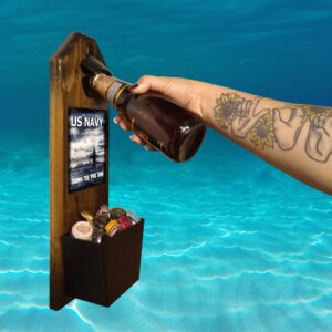 "U.S. Navy - Submarine Drink 'Til You Sink" Wall Mounted Bottle Opener and Cap Catcher - 100% Solid Pine 3/4" Thick - Slide On & Off Bucket - Great Sub/Sailor Gift! - By Vets 4 Vets