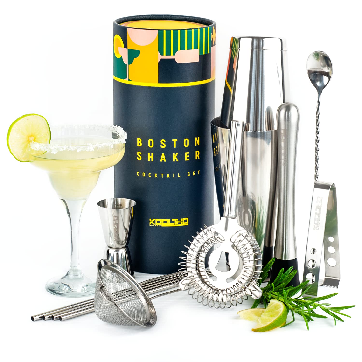 Boston Shaker Set Cocktail Kit, Full Bar Mixer Sets for Professional Bartender, Stainless Steel Drink Shakers Weighted Tin with Strainer Jigger Spoon Muddler Straws, Cocktails Lovers Gifts Women Men