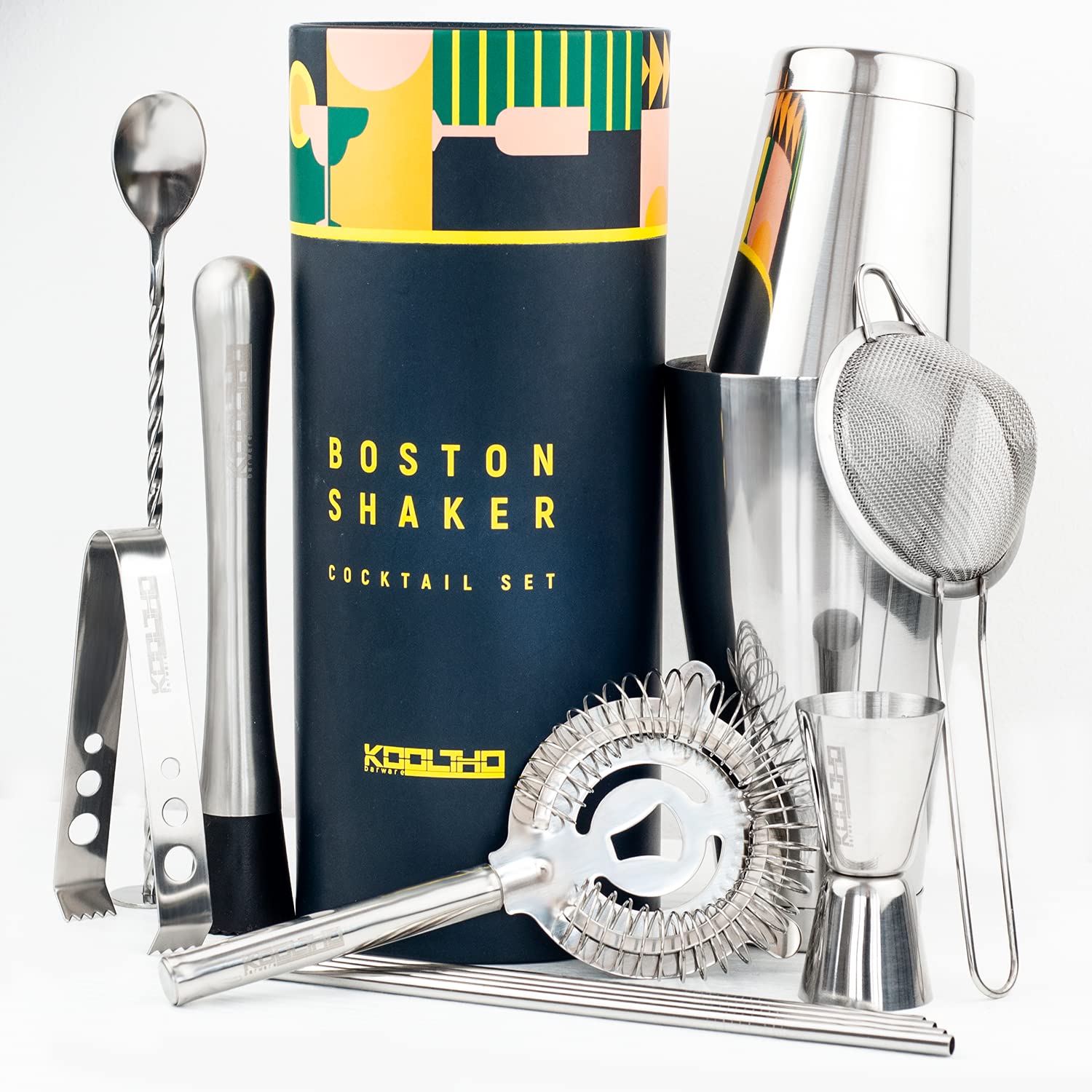 Boston Shaker Set Cocktail Kit, Full Bar Mixer Sets for Professional Bartender, Stainless Steel Drink Shakers Weighted Tin with Strainer Jigger Spoon Muddler Straws, Cocktails Lovers Gifts Women Men